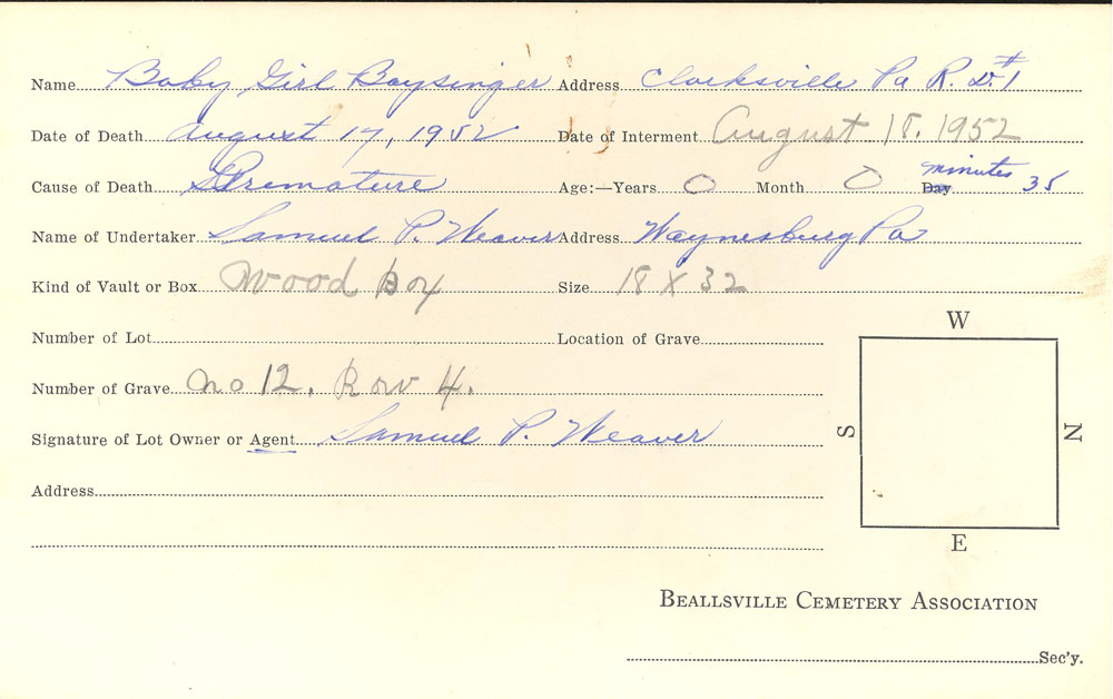 Baby Girl Baysinger  burial card